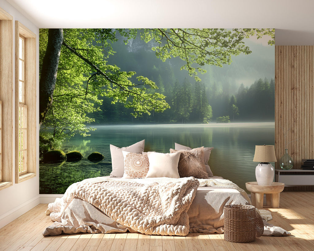 Forest Lake Wall Mural – Serene Nature Landscape Wallpaper – Misty Pine Trees & Calm Water Scene for Bedroom or Spa – Peel and Stick