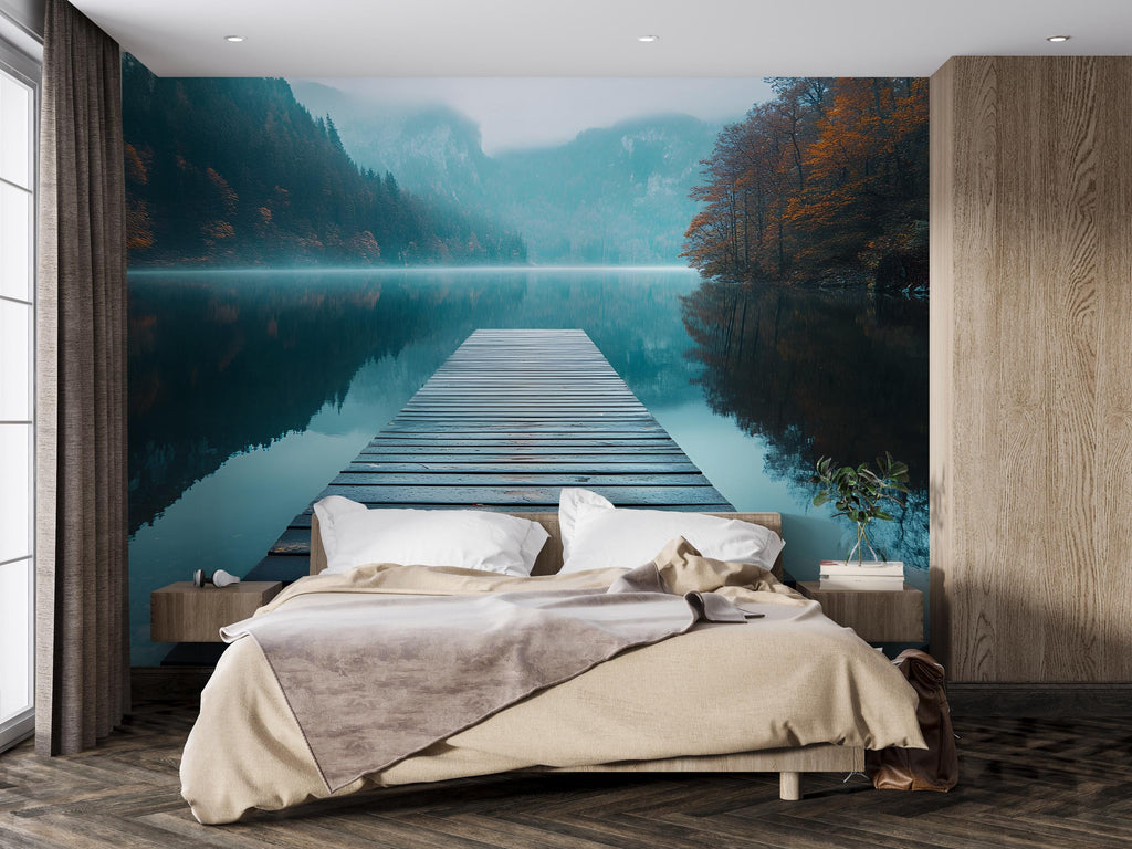 Lake Dock Wall Mural – Wooden Pier Nature Wallpaper – Misty Mountains and Forest Reflection Mural – Scenic Tranquil Bedroom or Spa Decor