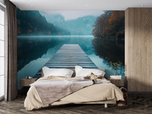 Load image into Gallery viewer, Lake Dock Wall Mural – Wooden Pier Nature Wallpaper – Misty Mountains and Forest Reflection Mural – Scenic Tranquil Bedroom or Spa Decor