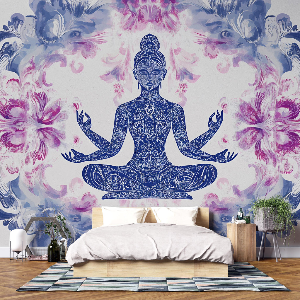 Boho Yoga Wall Mural – Blue Mandala Meditation Art – Spiritual Flower Decor for Bedroom or Studio – Large Zen Wall Wallpaper for Wellness