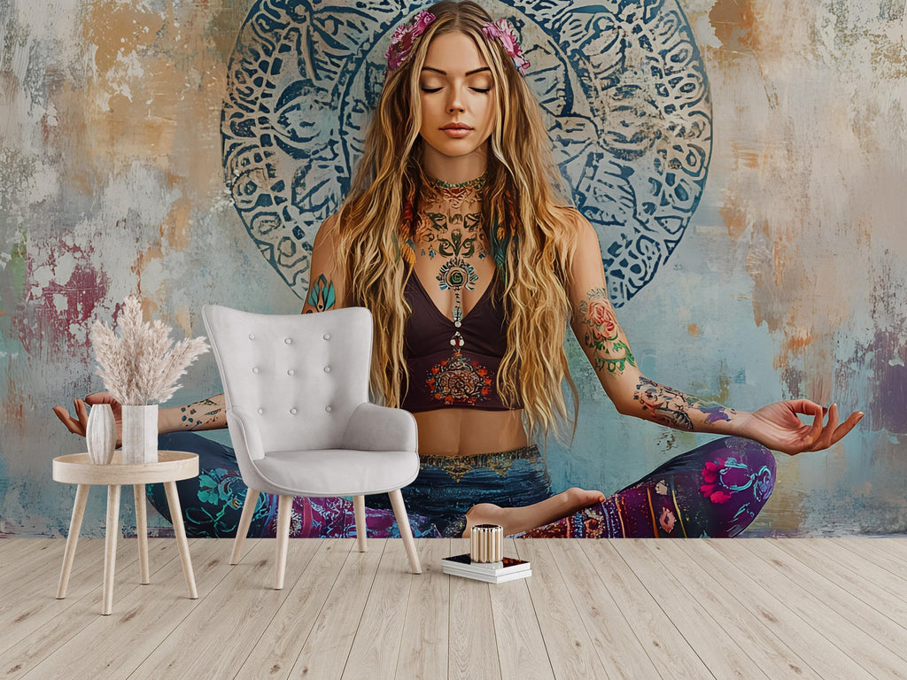 Boho Meditation Wall Mural – Tattooed Yogi Zen Art – Large Hippie Yoga Girl Wallpaper – Spiritual Bohemian Decor for Bedroom or Studio