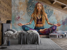 Load image into Gallery viewer, Boho Meditation Wall Mural – Tattooed Yogi Zen Art – Large Hippie Yoga Girl Wallpaper – Spiritual Bohemian Decor for Bedroom or Studio