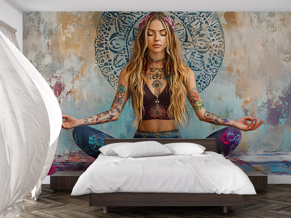 Boho Meditation Wall Mural – Tattooed Yogi Zen Art – Large Hippie Yoga Girl Wallpaper – Spiritual Bohemian Decor for Bedroom or Studio