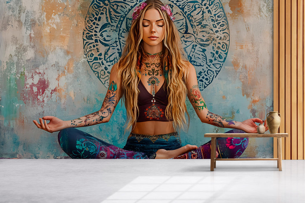 Boho Meditation Wall Mural – Tattooed Yogi Zen Art – Large Hippie Yoga Girl Wallpaper – Spiritual Bohemian Decor for Bedroom or Studio