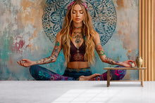 Load image into Gallery viewer, Boho Meditation Wall Mural – Tattooed Yogi Zen Art – Large Hippie Yoga Girl Wallpaper – Spiritual Bohemian Decor for Bedroom or Studio