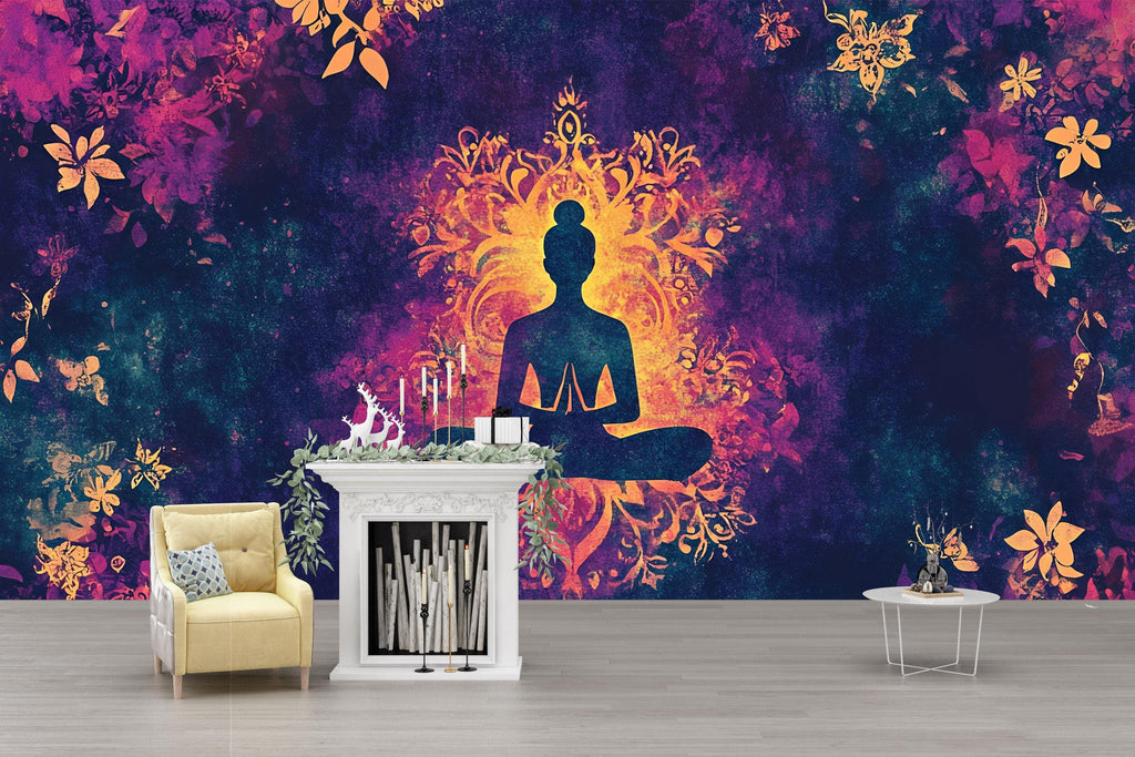 Mandala Yoga Wall Mural – Psychedelic Meditation Wallpaper – Spiritual Lotus Pose Decor – Boho Zen Art for Studio, Bedroom or Retreat