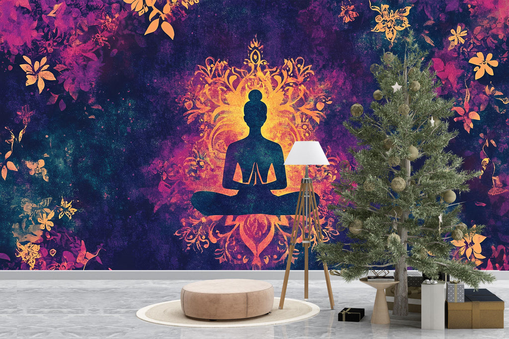 Mandala Yoga Wall Mural – Psychedelic Meditation Wallpaper – Spiritual Lotus Pose Decor – Boho Zen Art for Studio, Bedroom or Retreat