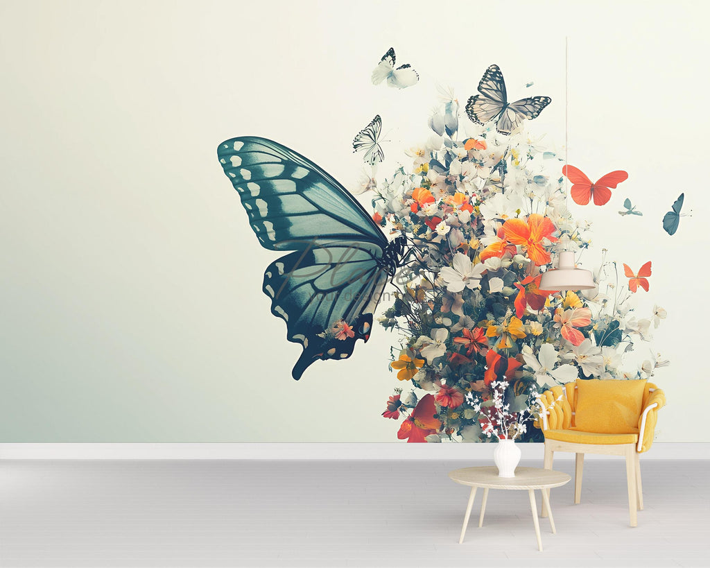 Butterfly Floral Wall Mural – Large Nature-Inspired Peel & Stick Wallpaper – Spring Garden Bedroom Decor – Botanical Butterfly Accent Wall