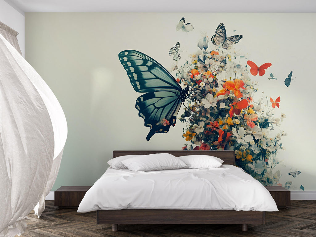 Butterfly Floral Wall Mural – Large Nature-Inspired Peel & Stick Wallpaper – Spring Garden Bedroom Decor – Botanical Butterfly Accent Wall