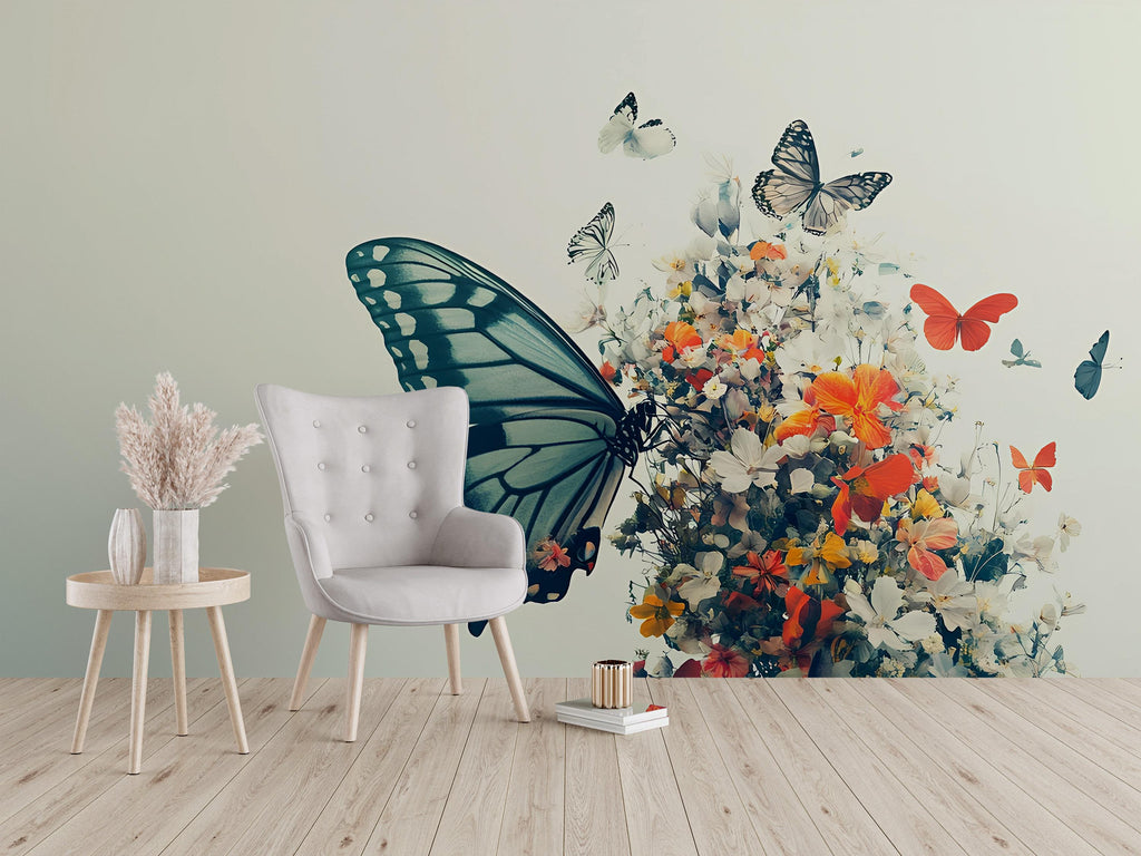 Butterfly Floral Wall Mural – Large Nature-Inspired Peel & Stick Wallpaper – Spring Garden Bedroom Decor – Botanical Butterfly Accent Wall