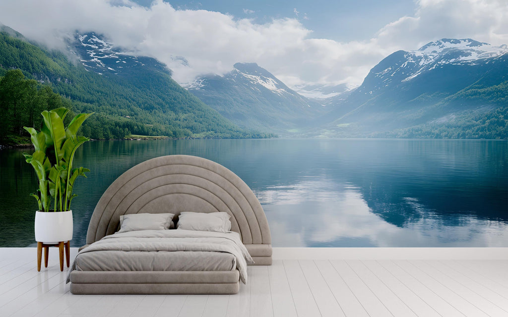 Scenic Mountain Lake Wall Mural – Serene Landscape Wallpaper, Peel and Stick Nature Mural for Bedroom or Office