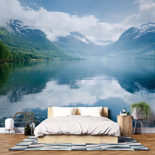 Load image into Gallery viewer, Scenic Mountain Lake Wall Mural – Serene Landscape Wallpaper, Peel and Stick Nature Mural for Bedroom or Office