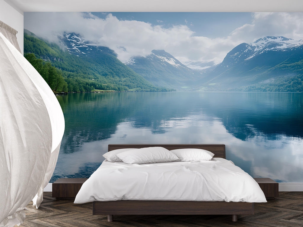 Scenic Mountain Lake Wall Mural – Serene Landscape Wallpaper, Peel and Stick Nature Mural for Bedroom or Office