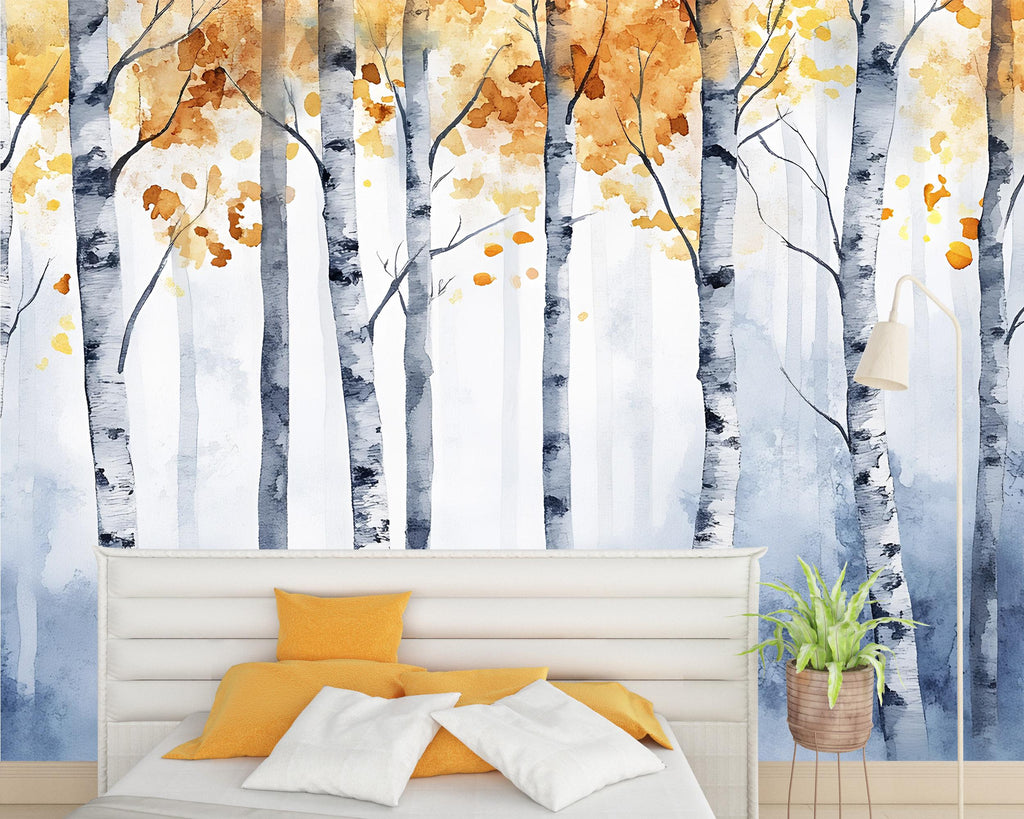 Watercolor Birch Tree Wall Mural – Autumn Forest Peel and Stick Wallpaper | Modern Scandinavian Nature Wall Art for Bedroom & Living Room