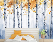 Load image into Gallery viewer, Watercolor Birch Tree Wall Mural – Autumn Forest Peel and Stick Wallpaper | Modern Scandinavian Nature Wall Art for Bedroom &amp; Living Room