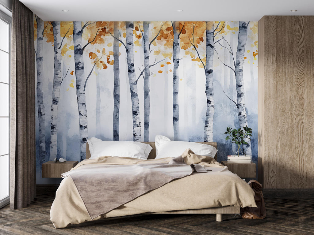 Watercolor Birch Tree Wall Mural – Autumn Forest Peel and Stick Wallpaper | Modern Scandinavian Nature Wall Art for Bedroom & Living Room