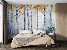 Load image into Gallery viewer, Watercolor Birch Tree Wall Mural – Autumn Forest Peel and Stick Wallpaper | Modern Scandinavian Nature Wall Art for Bedroom &amp; Living Room