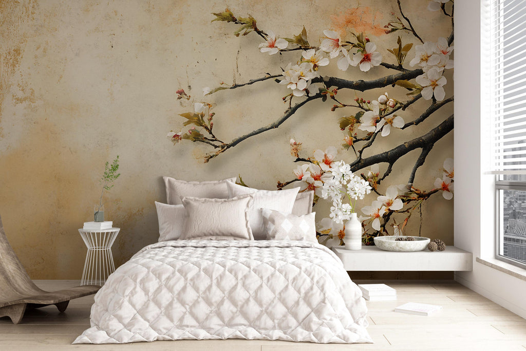 Cherry Blossom Branch Wall Mural – 3D Floral Japanese Art Wallpaper | Nature-Inspired Peel and Stick or Traditional Mural
