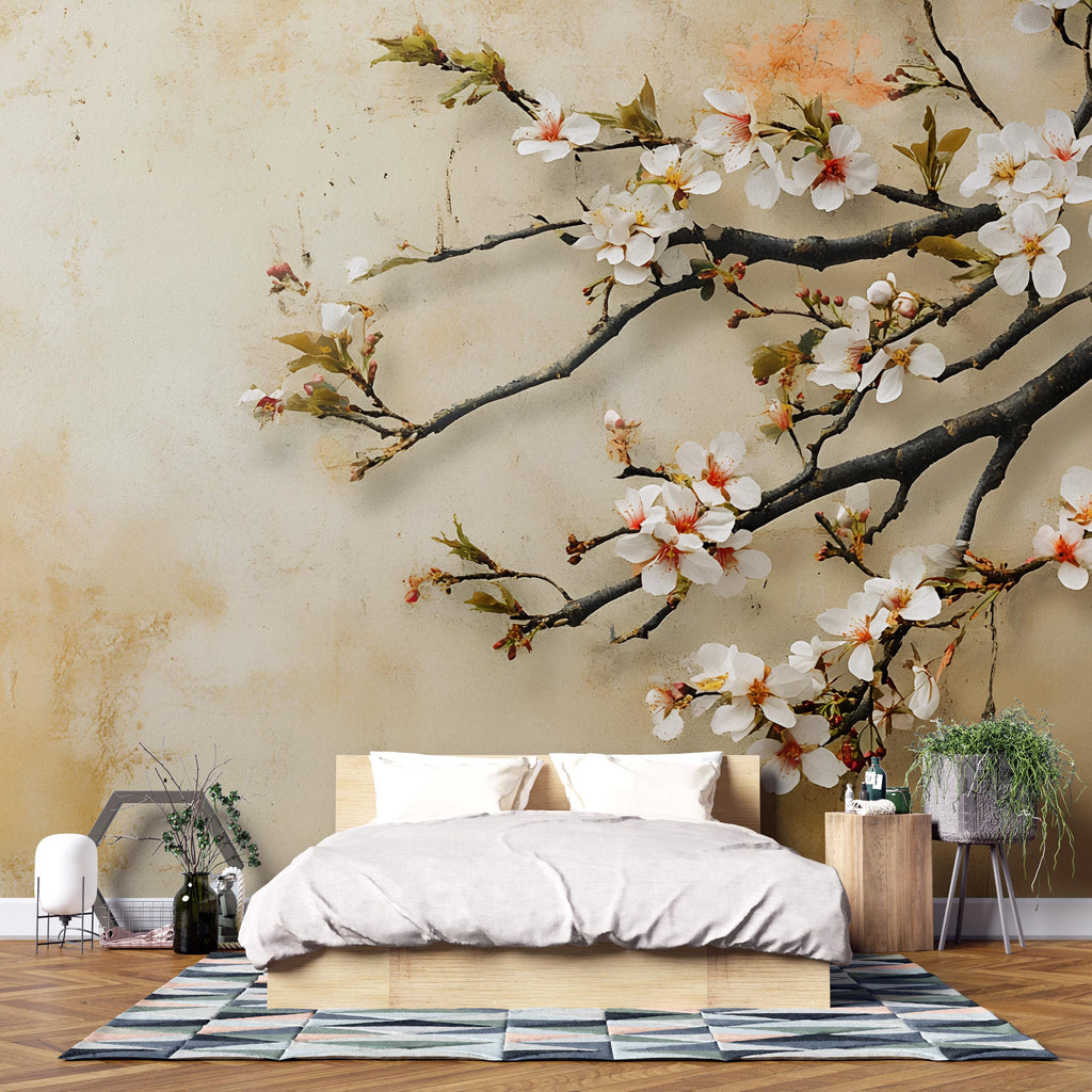 Cherry Blossom Branch Wall Mural – 3D Floral Japanese Art Wallpaper | Nature-Inspired Peel and Stick or Traditional Mural