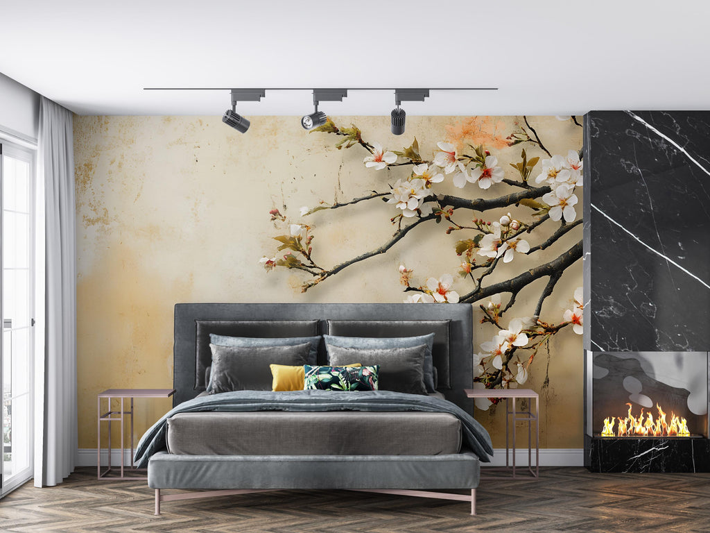 Cherry Blossom Branch Wall Mural – 3D Floral Japanese Art Wallpaper | Nature-Inspired Peel and Stick or Traditional Mural