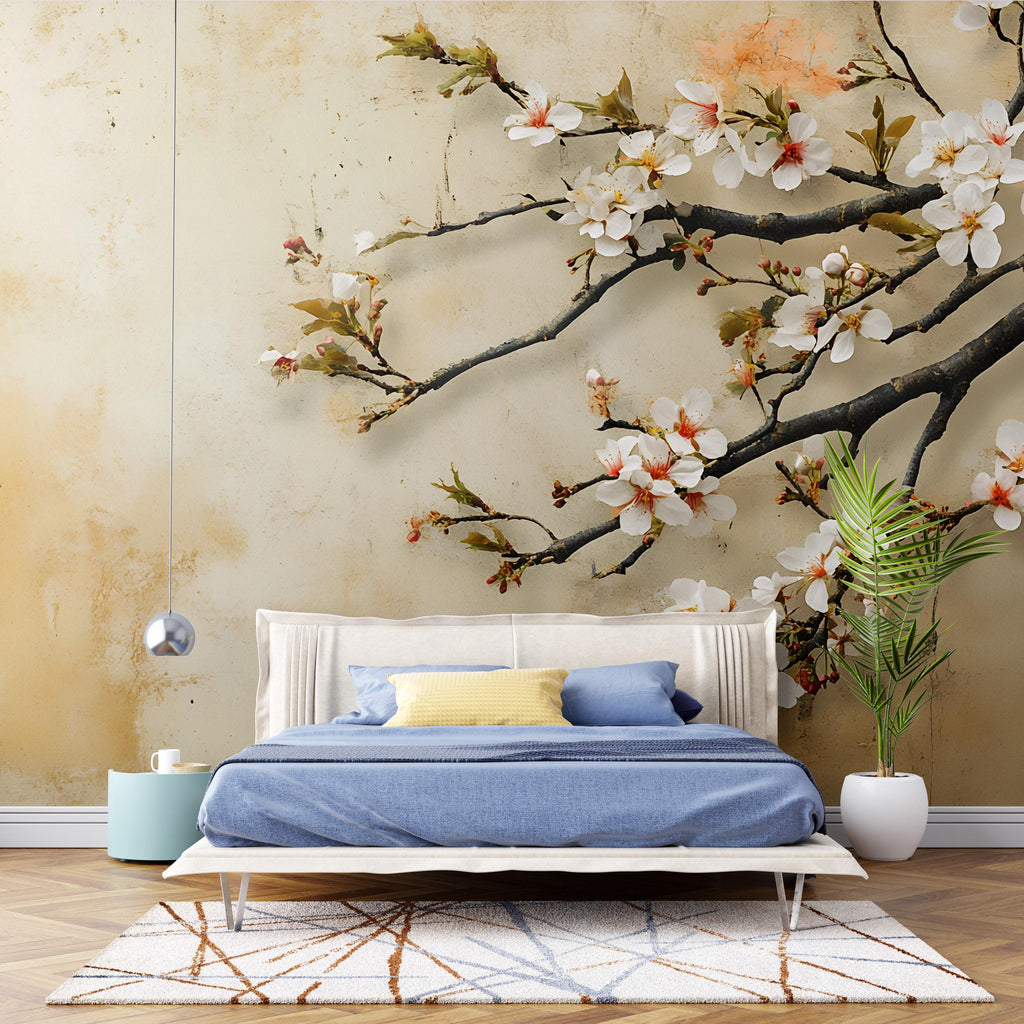 Cherry Blossom Branch Wall Mural – 3D Floral Japanese Art Wallpaper | Nature-Inspired Peel and Stick or Traditional Mural