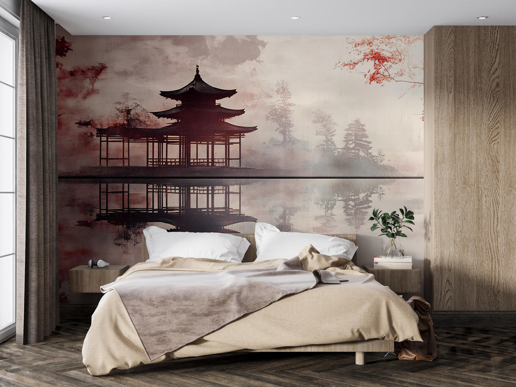 Japanese Pagoda Wall Mural – Zen Temple Landscape Wallpaper | Asian Reflection Art | Peel and Stick or Non-Woven Mural for Bedroom