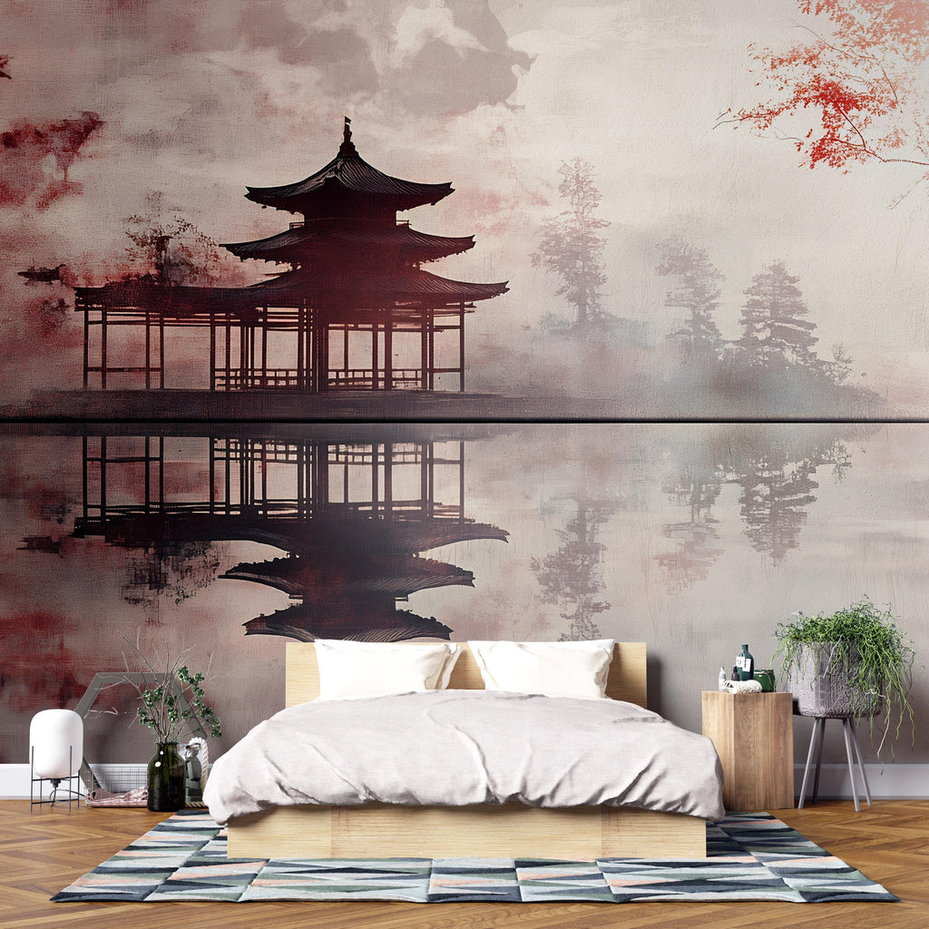 Japanese Pagoda Wall Mural – Zen Temple Landscape Wallpaper | Asian Reflection Art | Peel and Stick or Non-Woven Mural for Bedroom