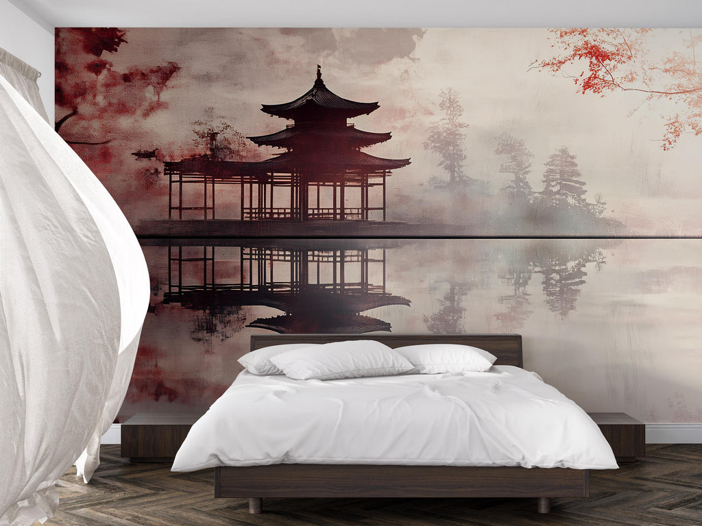 Japanese Pagoda Wall Mural – Zen Temple Landscape Wallpaper | Asian Reflection Art | Peel and Stick or Non-Woven Mural for Bedroom
