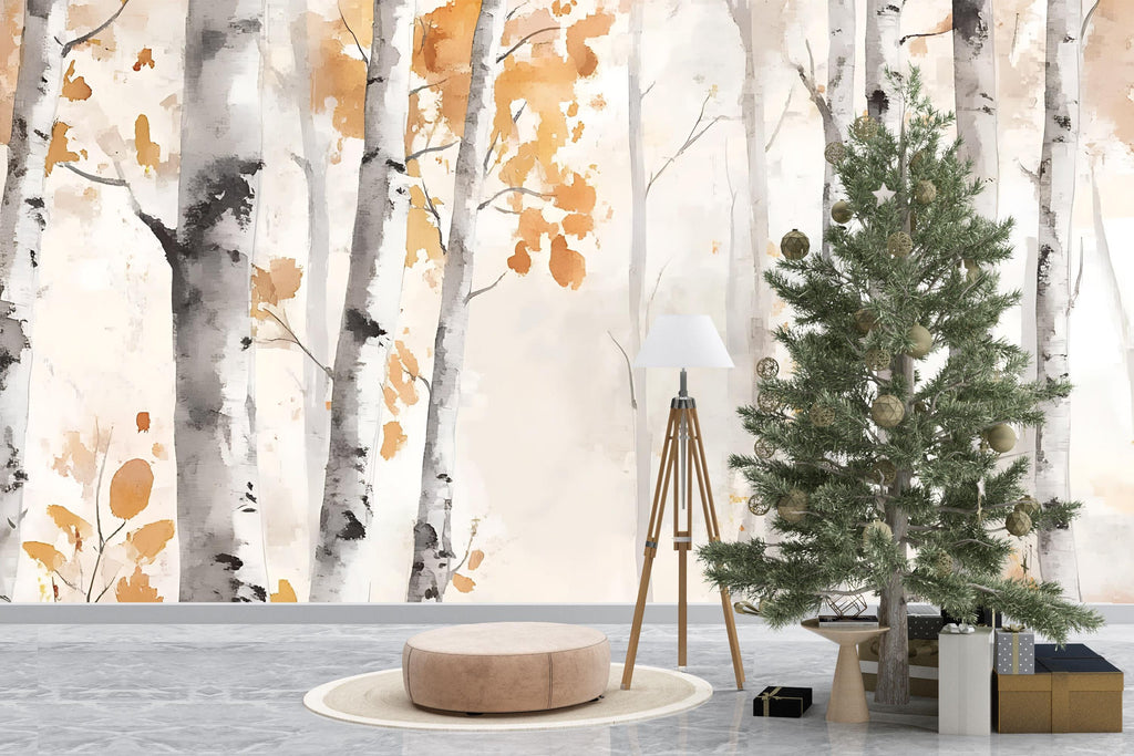 Watercolor Birch Forest Wall Mural – Autumn Tree Wallpaper – Peel and Stick Fall Woodland Mural for Bedroom, Office or Living Room