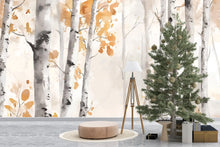 Load image into Gallery viewer, Watercolor Birch Forest Wall Mural – Autumn Tree Wallpaper – Peel and Stick Fall Woodland Mural for Bedroom, Office or Living Room