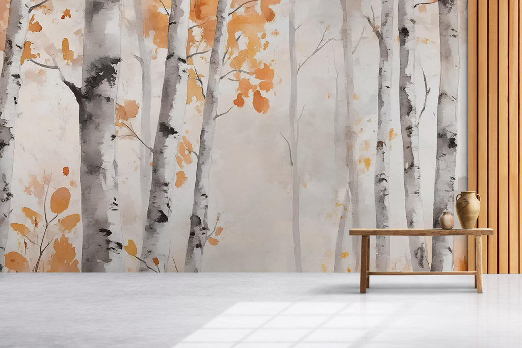 Watercolor Birch Forest Wall Mural – Autumn Tree Wallpaper – Peel and Stick Fall Woodland Mural for Bedroom, Office or Living Room