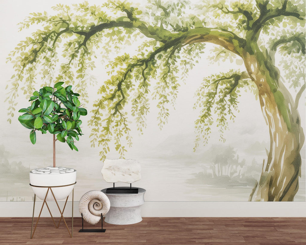 Watercolor Weeping Tree Mural Wallpaper – Elegant Hand-Painted Botanical Wall Art, Tranquil Nature-Inspired Wall Décor for Bedroom Spa 752RS