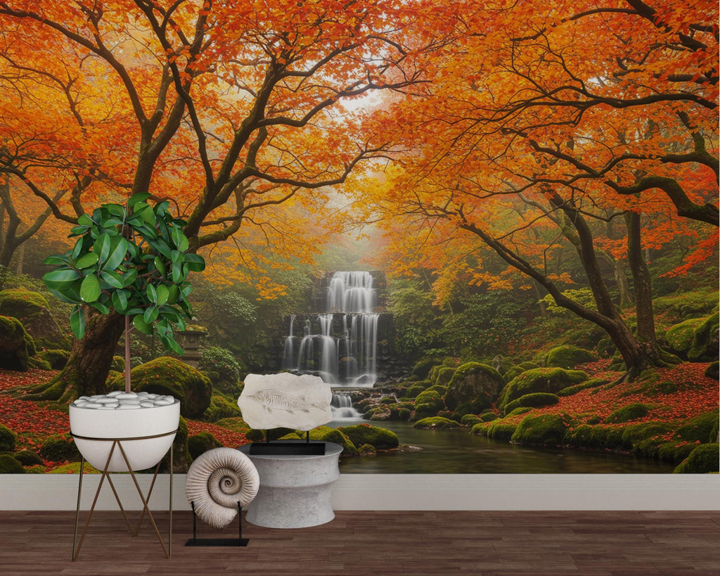 Fall Mural Wallpaper – Waterfall Elegant Hand-Painted Tree Wall Art, Tranquil Nature-Inspired Wall Décor for Bedroom Spa 753RS