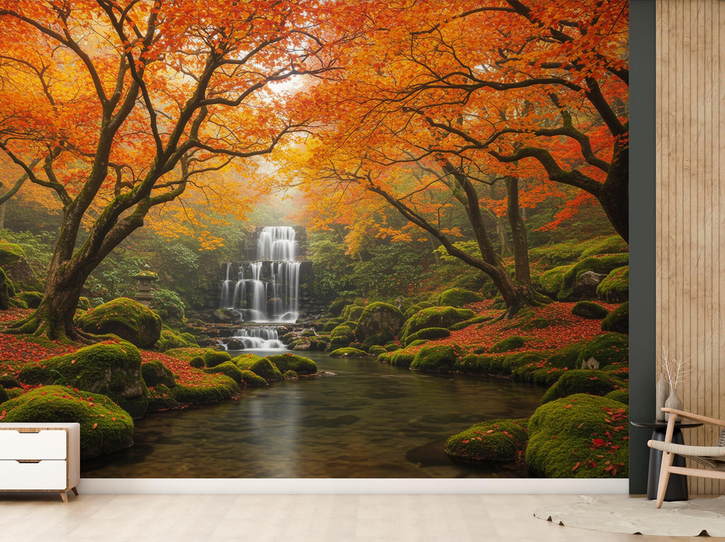 Fall Mural Wallpaper – Waterfall Elegant Hand-Painted Tree Wall Art, Tranquil Nature-Inspired Wall Décor for Bedroom Spa 753RS