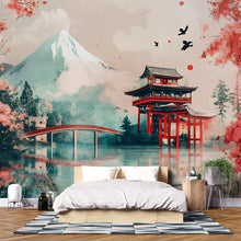 Load image into Gallery viewer, Japanese Wall Mural with Mount Fuji – Cherry Blossom Landscape Mural – Torii Gate &amp; Temple Art Wallpaper – Peel and Stick or Non-Woven