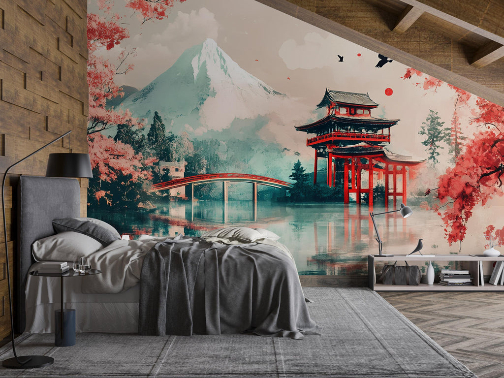 Japanese Wall Mural with Mount Fuji – Cherry Blossom Landscape Mural – Torii Gate & Temple Art Wallpaper – Peel and Stick or Non-Woven