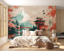 Load image into Gallery viewer, Japanese Wall Mural with Mount Fuji – Cherry Blossom Landscape Mural – Torii Gate &amp; Temple Art Wallpaper – Peel and Stick or Non-Woven
