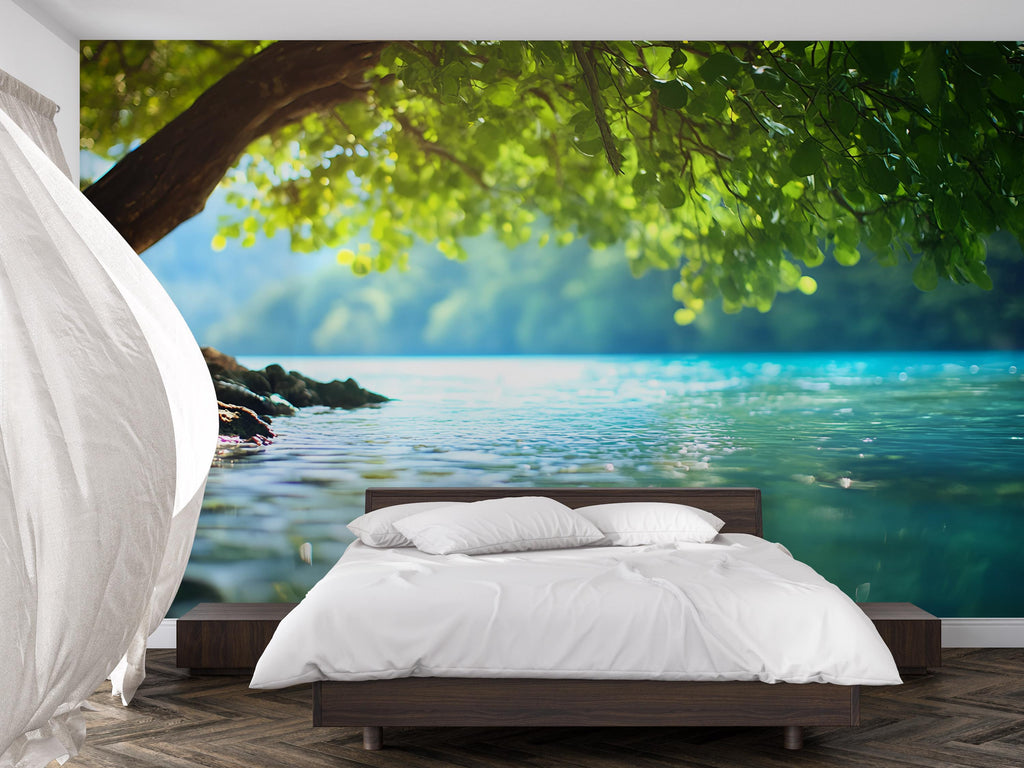 Tranquil Lake Wall Mural – Nature Tree Water Landscape Wallpaper for Bedroom, Living Room or Spa Retreat