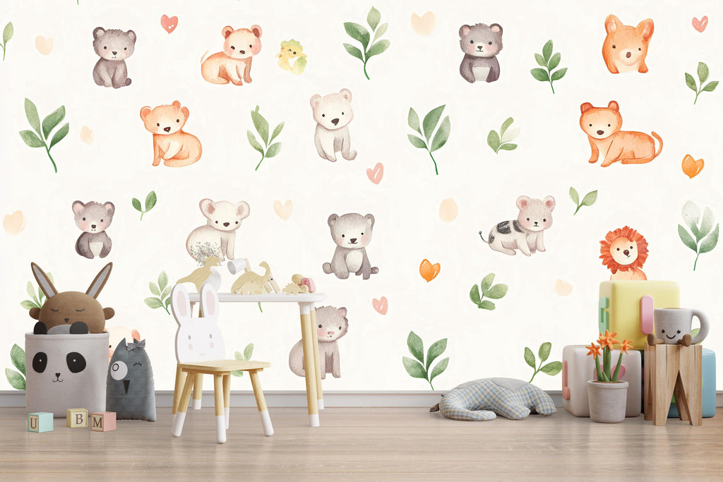 Cute Safari Baby Animal Wall Mural – Neutral Jungle Nursery Wallpaper for Boys or Girls Room, Peel and Stick or Traditional