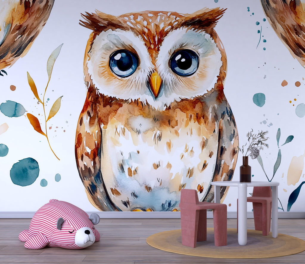 Watercolor Owl Wall Mural – Kids Room or Nursery Wallpaper with Cute Forest Bird, Gender Neutral Peel and Stick or Traditional