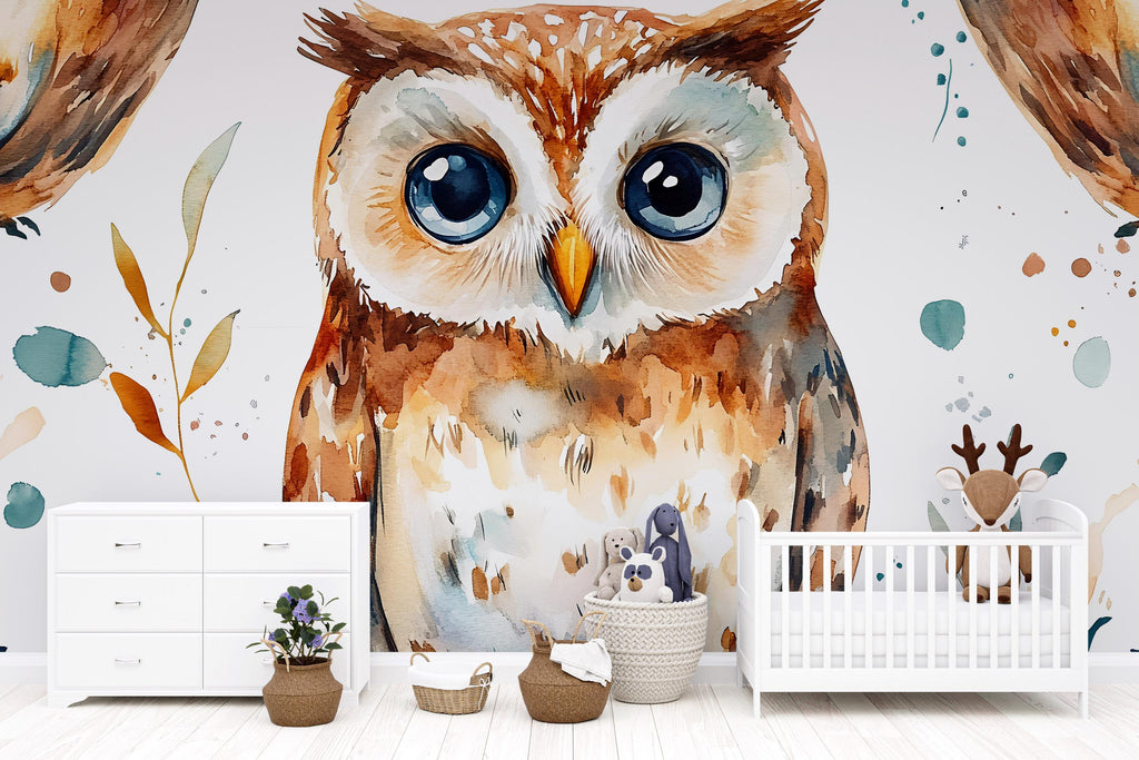 Watercolor Owl Wall Mural – Kids Room or Nursery Wallpaper with Cute Forest Bird, Gender Neutral Peel and Stick or Traditional