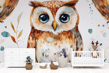 Load image into Gallery viewer, Watercolor Owl Wall Mural – Kids Room or Nursery Wallpaper with Cute Forest Bird, Gender Neutral Peel and Stick or Traditional
