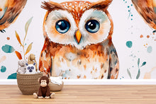 Load image into Gallery viewer, Watercolor Owl Wall Mural – Kids Room or Nursery Wallpaper with Cute Forest Bird, Gender Neutral Peel and Stick or Traditional