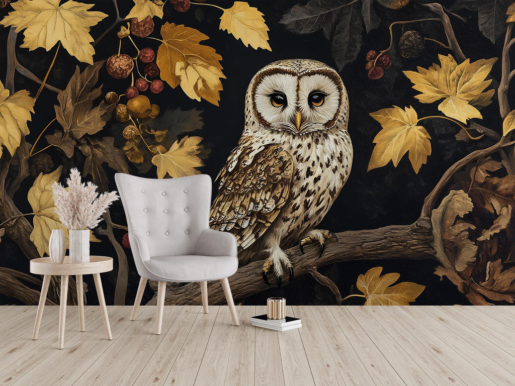 Dark Botanical Owl Wall Mural – Elegant Woodland Forest Wallpaper in Autumn Gold & Black for Living Room, Study, Nursery or Bedroom