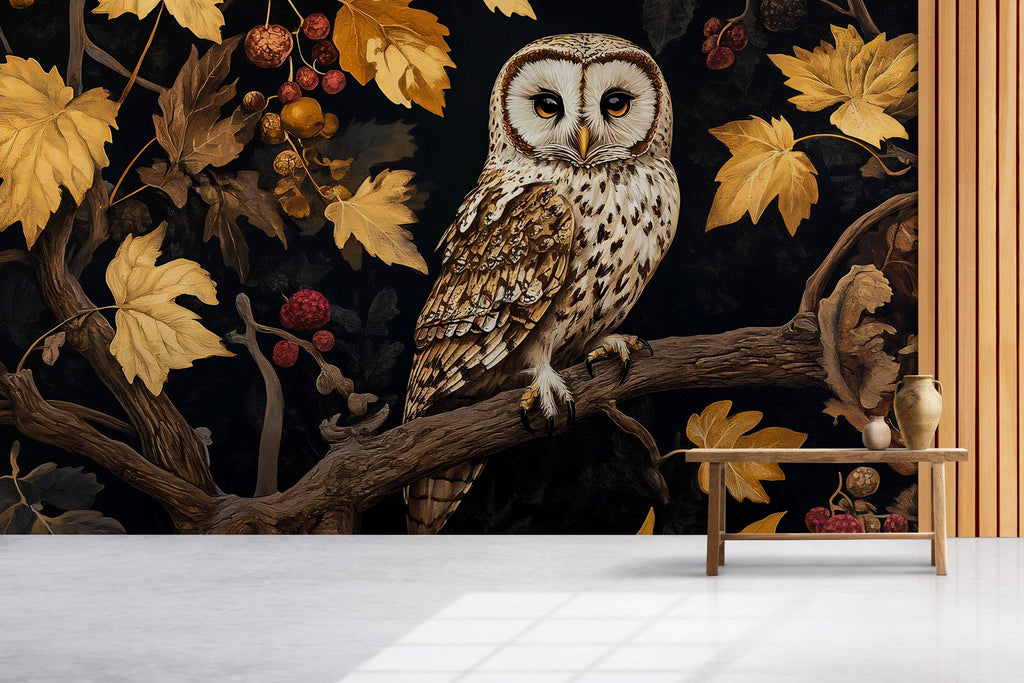 Dark Botanical Owl Wall Mural – Elegant Woodland Forest Wallpaper in Autumn Gold & Black for Living Room, Study, Nursery or Bedroom