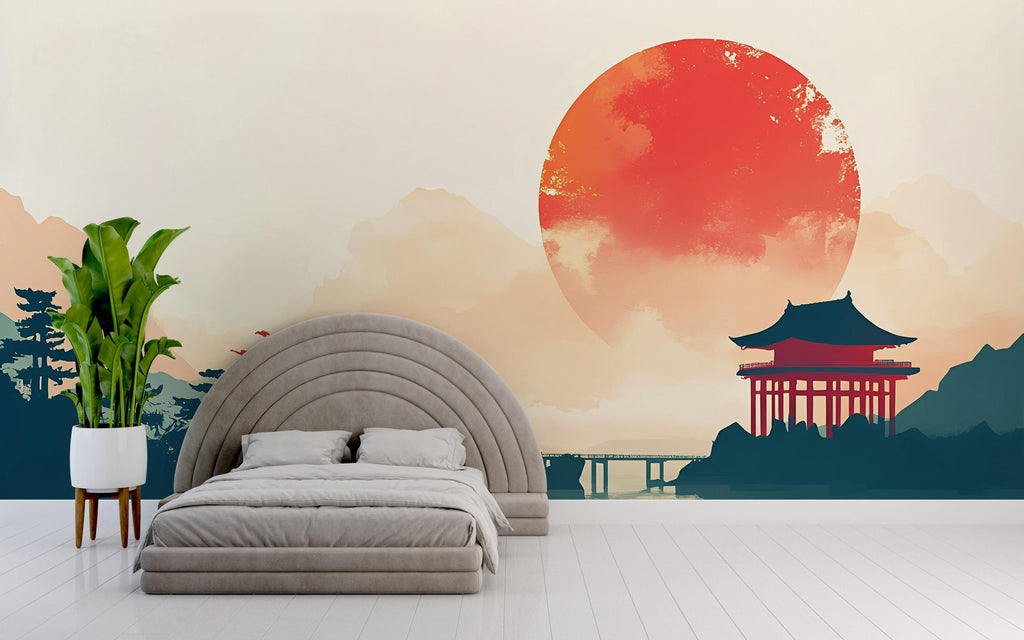 Japanese Sunset Wall Mural – Torii Temple & Mountains Scenic Wallpaper for Bedroom or Zen Meditation Room