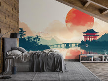 Load image into Gallery viewer, Japanese Sunset Wall Mural – Torii Temple &amp; Mountains Scenic Wallpaper for Bedroom or Zen Meditation Room
