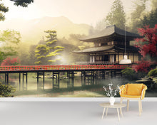 Load image into Gallery viewer, Japanese Temple Wall Mural – Zen Landscape with Red Bridge &amp; Forest | Asian Scenic Wallpaper for Home or Office