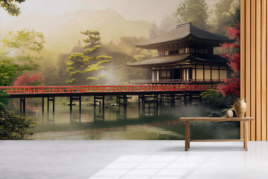 Japanese Temple Wall Mural – Zen Landscape with Red Bridge & Forest | Asian Scenic Wallpaper for Home or Office