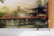 Load image into Gallery viewer, Japanese Temple Wall Mural – Zen Landscape with Red Bridge &amp; Forest | Asian Scenic Wallpaper for Home or Office